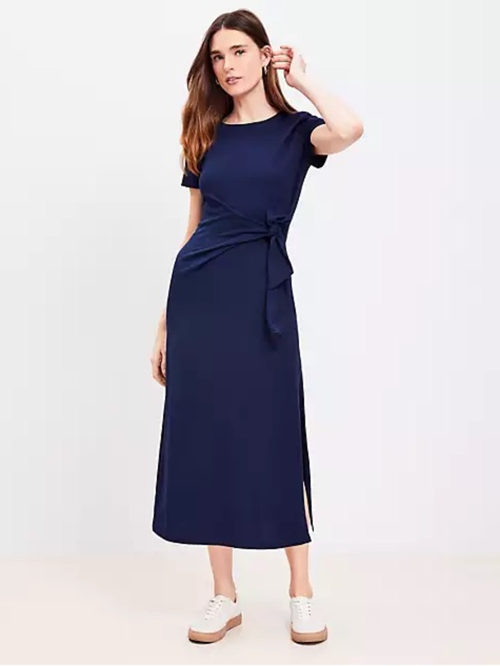 LOFT Navy Short-Sleeve Tie-Waist Midi Dress, large